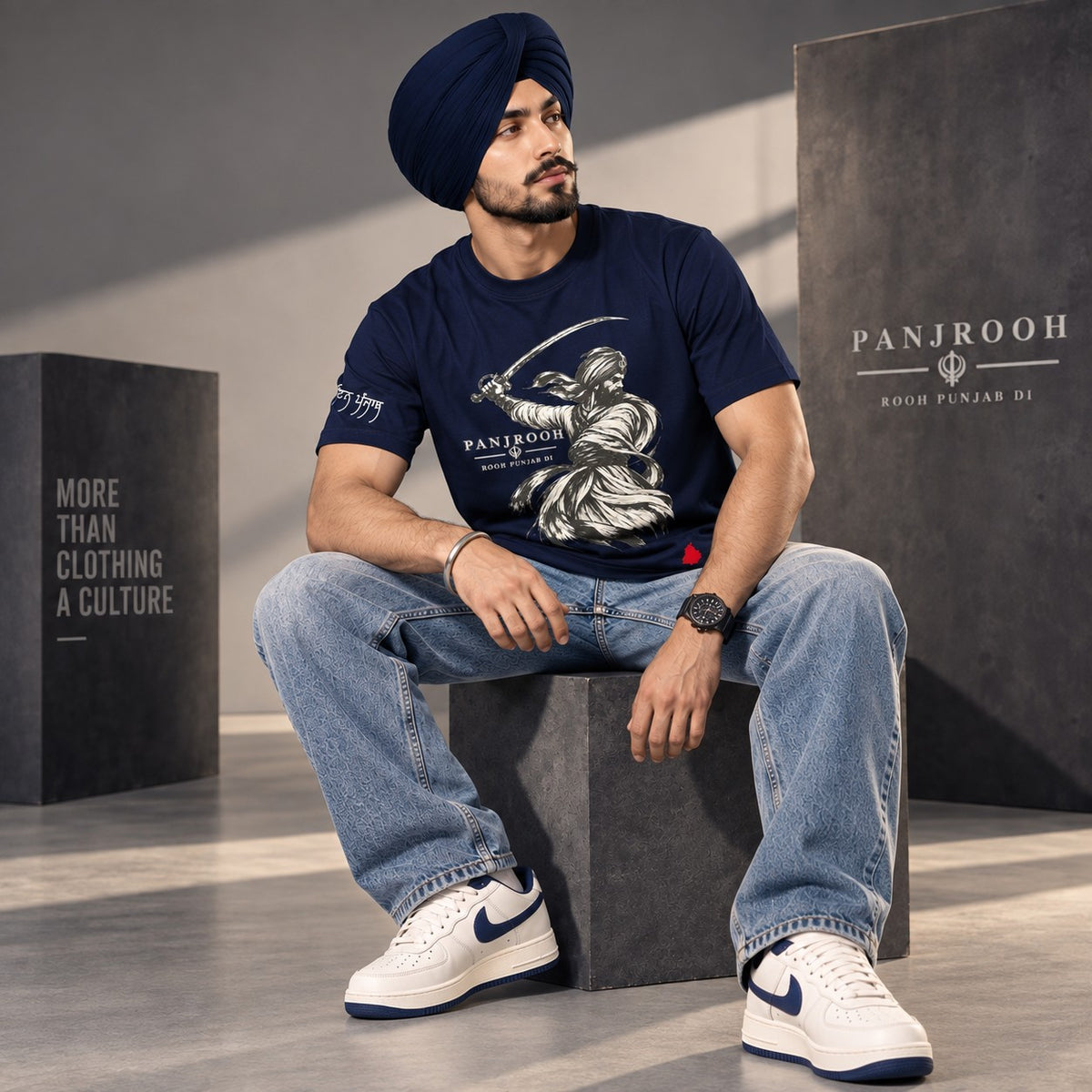 Panjrooh Warrior Khanda Punjabi Graphic T-Shirt – Navy Blue