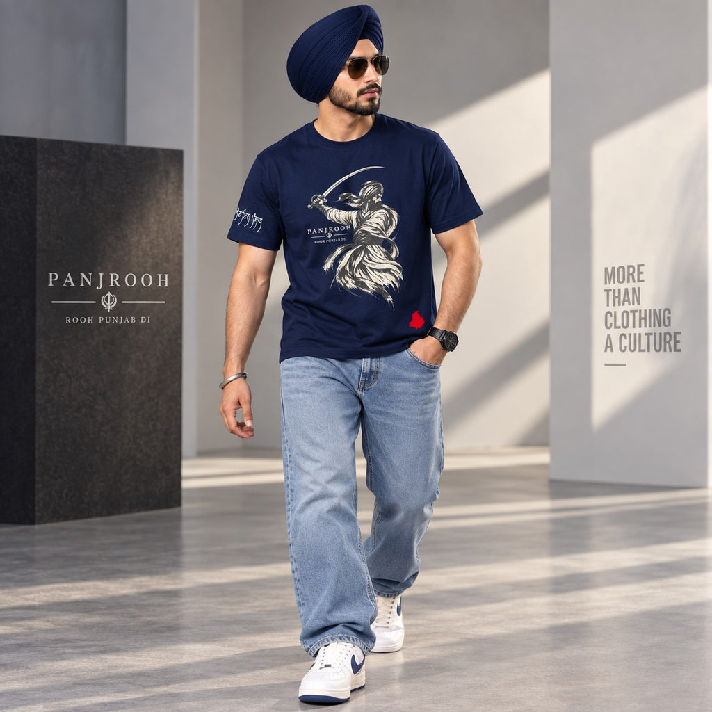 Panjrooh Warrior Khanda Punjabi Graphic T-Shirt – Navy Blue