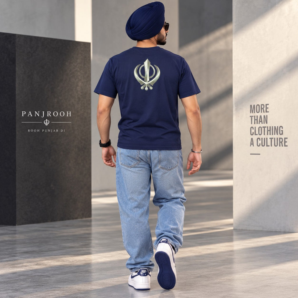 Panjrooh Warrior Khanda Punjabi Graphic T-Shirt – Navy Blue