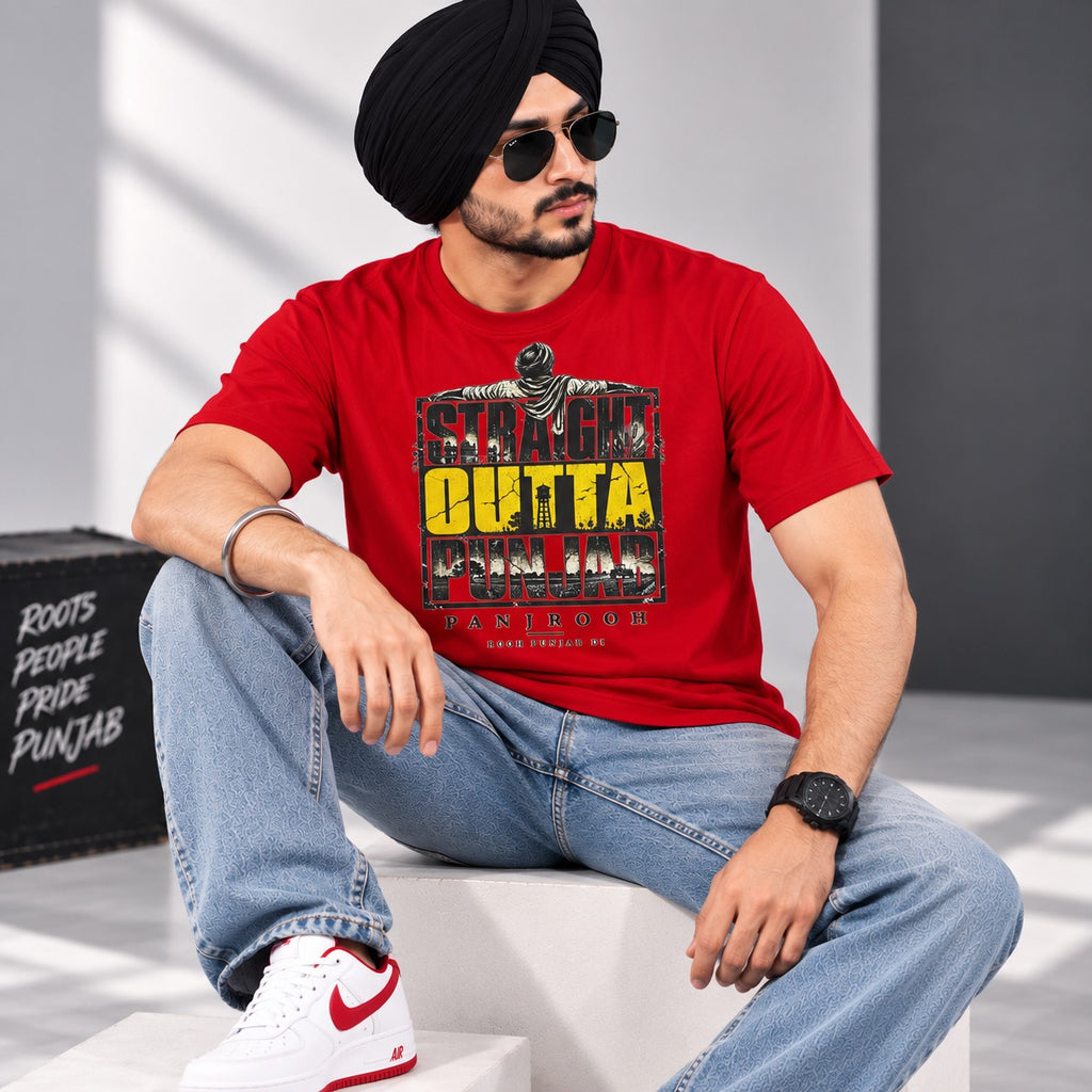 Panjrooh Straight Outta Punjab Punjabi Graphic T-Shirt – Red