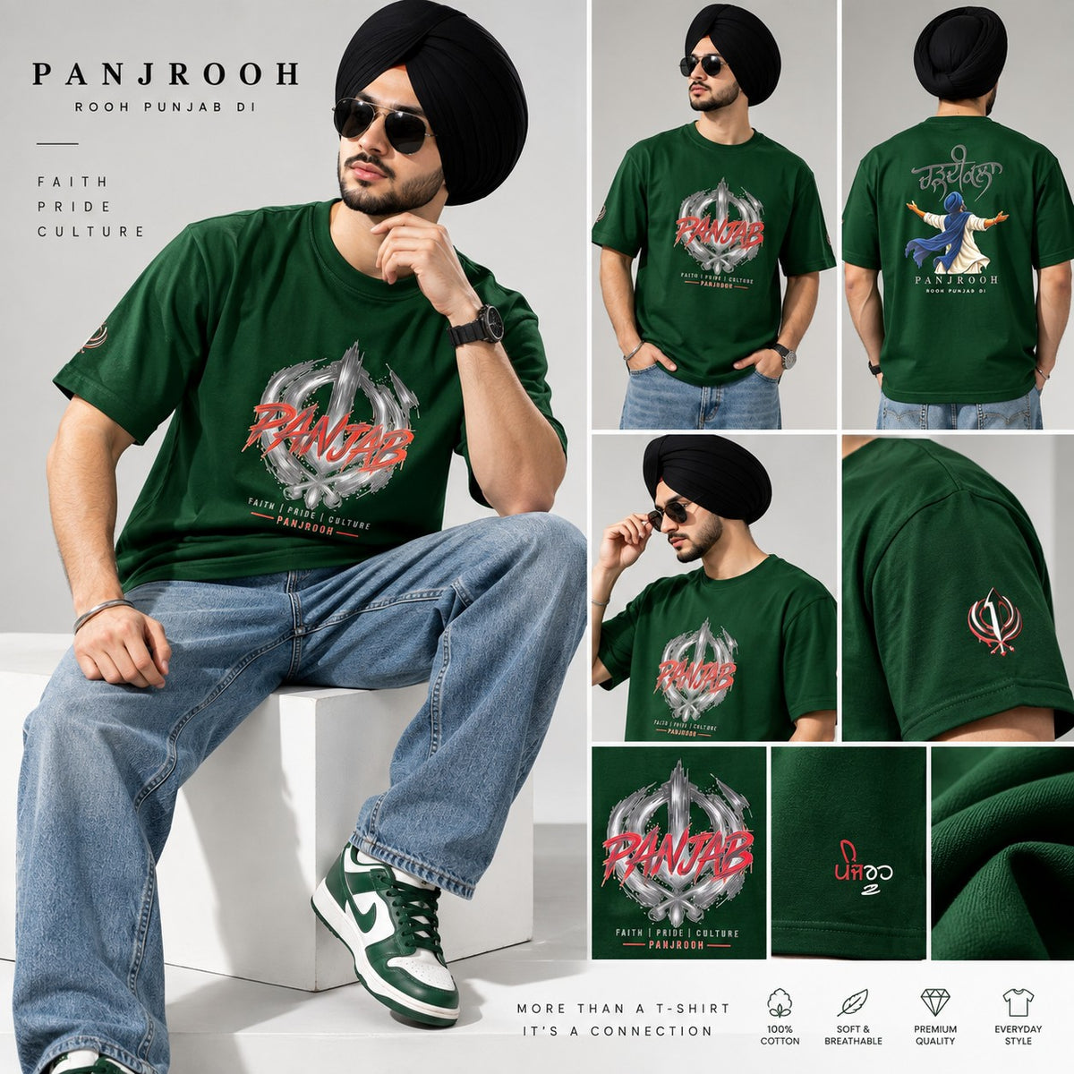 Panjrooh Khanda Chardikala  Punjabi Graphic T-Shirt – Dark Green